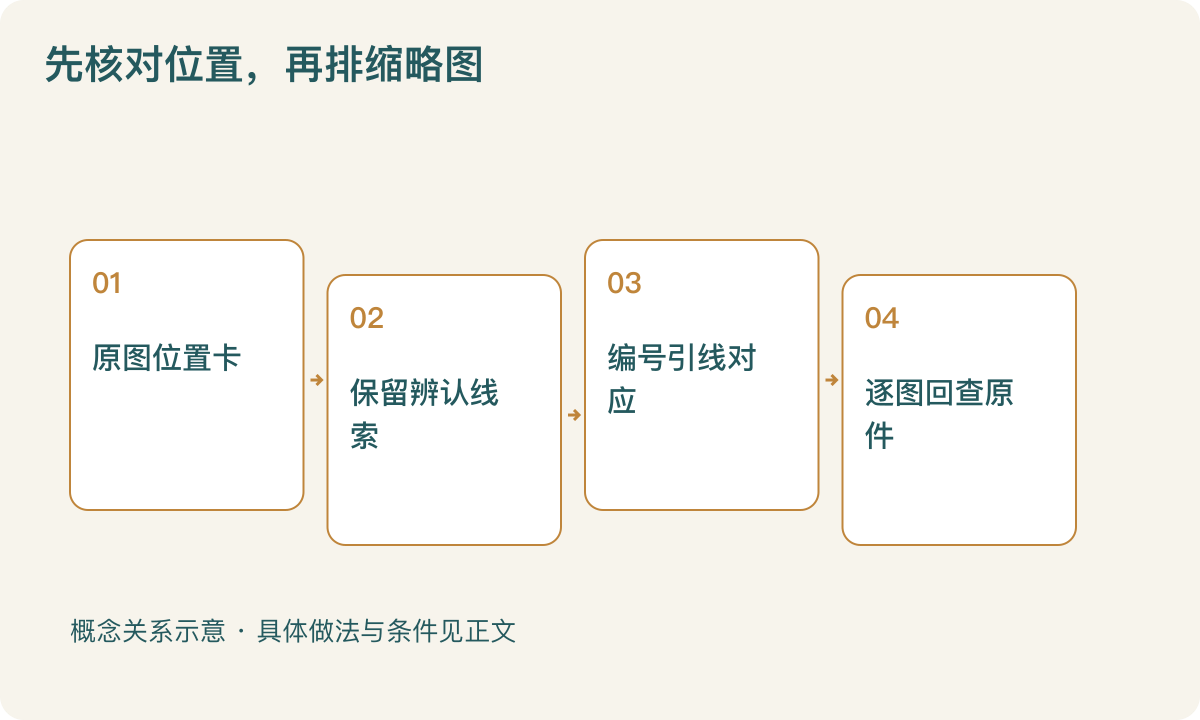 先核对位置，再排缩略图：原图位置卡；保留辨认线索；编号引线对应；逐图回查原件