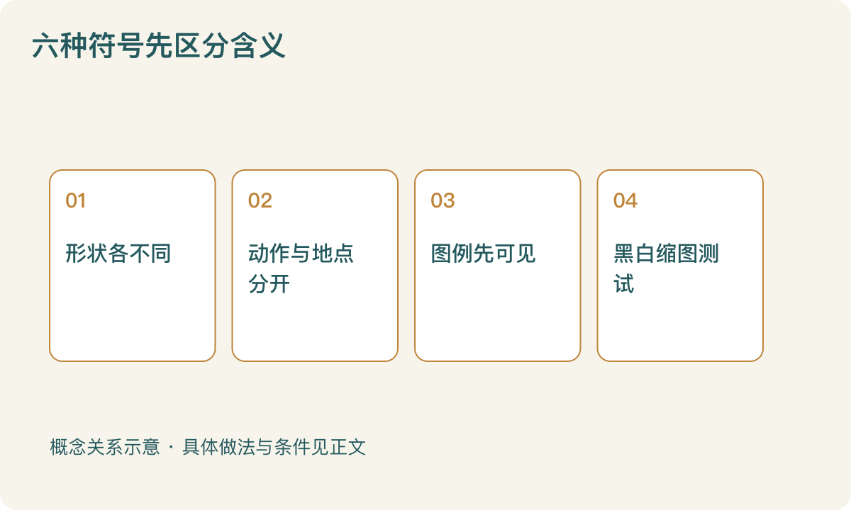 六种符号先区分含义：形状各不同；动作与地点分开；图例先可见；黑白缩图测试