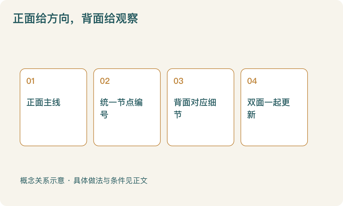 正面给方向，背面给观察：正面主线；统一节点编号；背面对应细节；双面一起更新