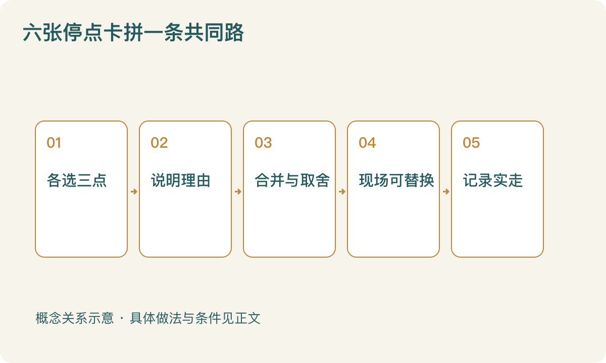 六张停点卡拼一条共同路:各选三点;说明理由;合并与取舍;现场可替换;记录实走